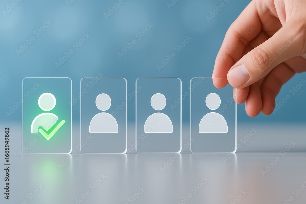 Poster a hand selects a profile from a row of translucent profile cards, showcasing a modern digital select