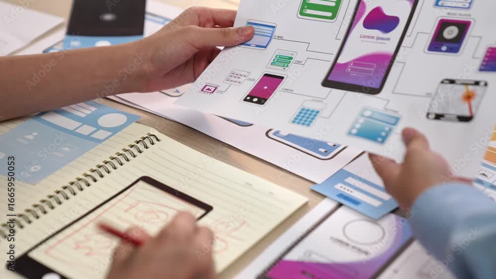 Poster panorama video of startup company employee planning on user interface prototype for mobile applicati