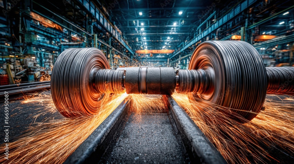 Poster the grinding process of steel in a factory is captured with dynamic sparks and motion.