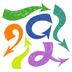 Set of hand drawn thick arrows with crayon, pastel or chalk texture. Circle arrows isolated on a white background.