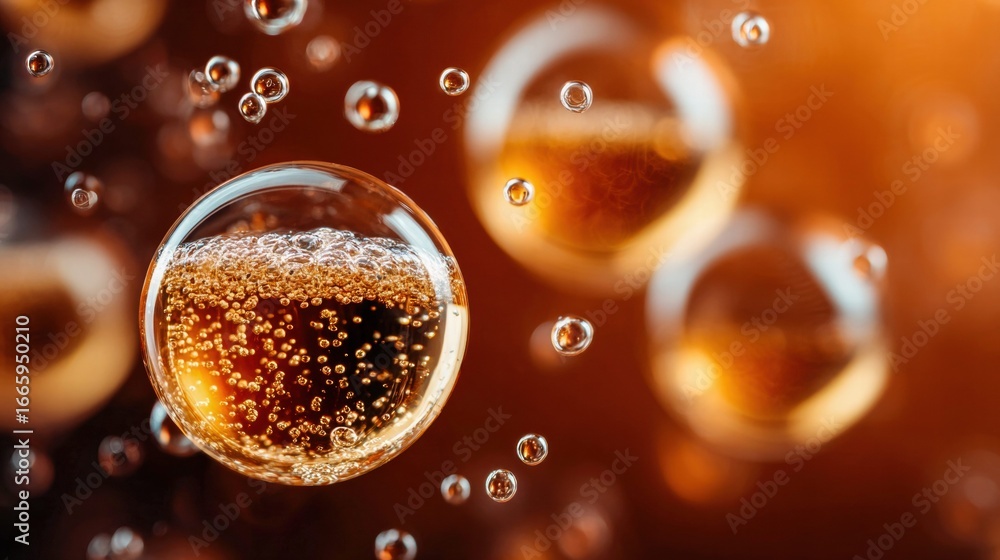 Poster bubbles of sparkling liquid, a macro shot capturing refreshing effervescence in a clear composition.