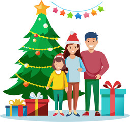 Family posing in front of a decorated christmas tree isolated on white background isolated on transparent background