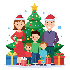 Family celebrating christmas in front of a decorated tree isolated on white background isolated on transparent background