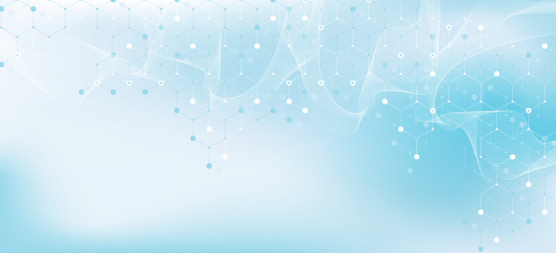 Modern health care or medical background design. Health care innovation concept. Horizontal header web banner. Abstract geometric background with hexagon shapes for medicine, science, chemistry.