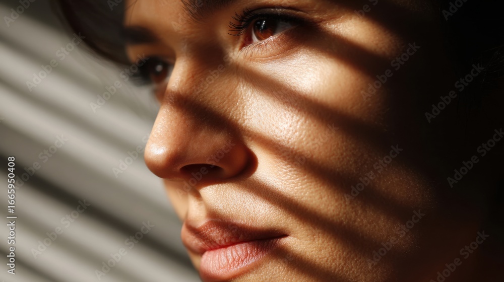 Poster mysterious close-up of a woman's face partially obscured by sharp, angular shadows cast by venetian 