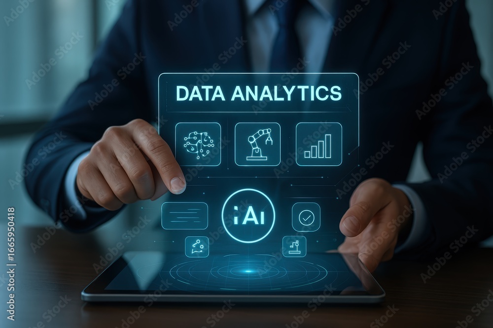 Aufkleber a person interacts with a digital tablet displaying data analytics and ai concepts.