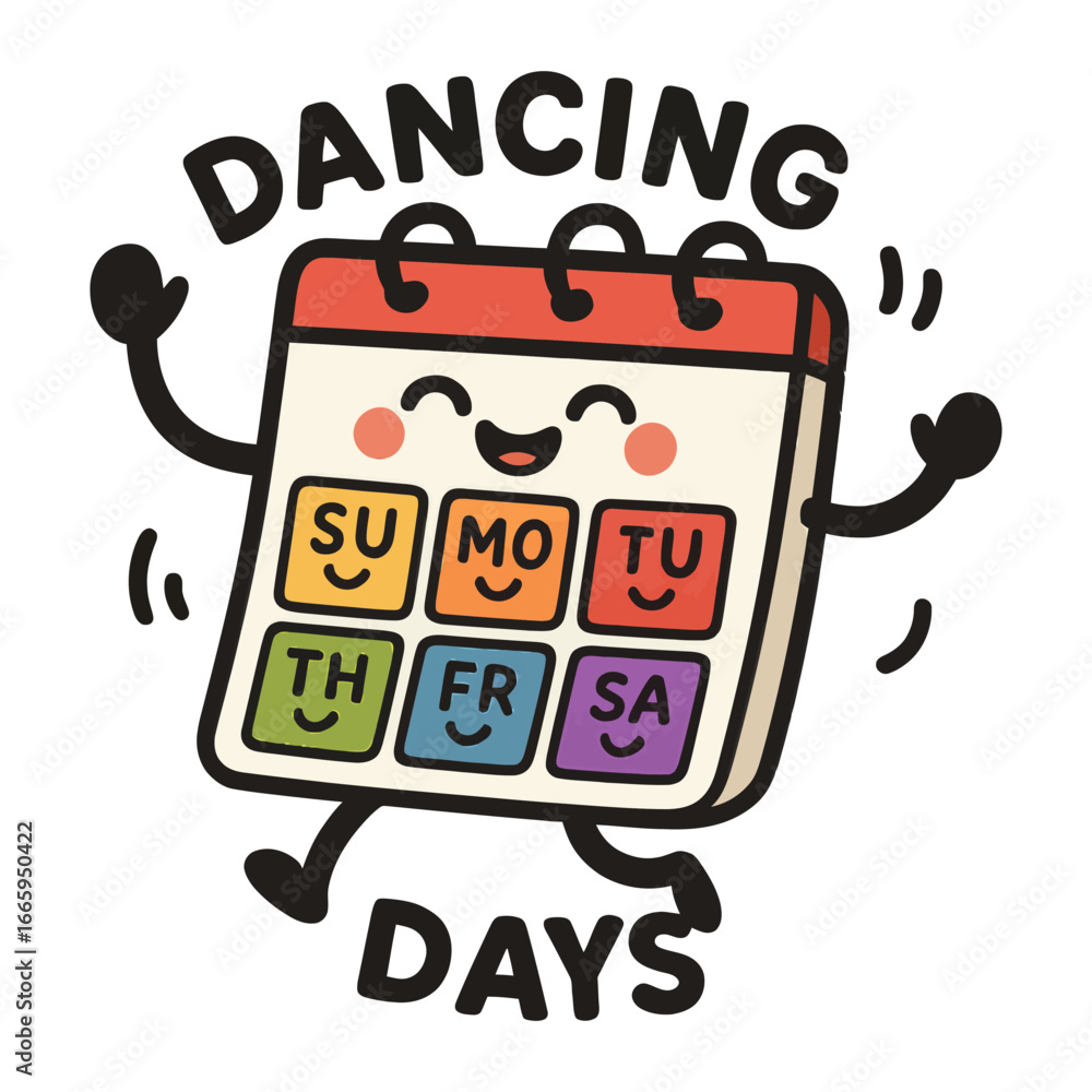 Poster dancing days is a calendar with a cartoon character dancing on it. the calendar has a rainbow of col