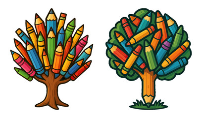 Two trees made out of pencils. The trees are colorful and have a playful, whimsical feel to them