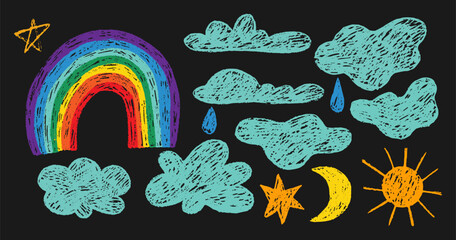 Set of naive hand drawn colorful crayon doodle clouds, stars, moon, sun and rainbow in childish girly style. Pencil drawings isolated on black background 