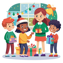 Children happily exchanging christmas gifts in a classroom setting isolated on white background isolated on transparent background