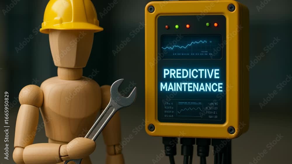Poster smart factory predictive maintenance concept featuring wooden figure with wrench near control panel 