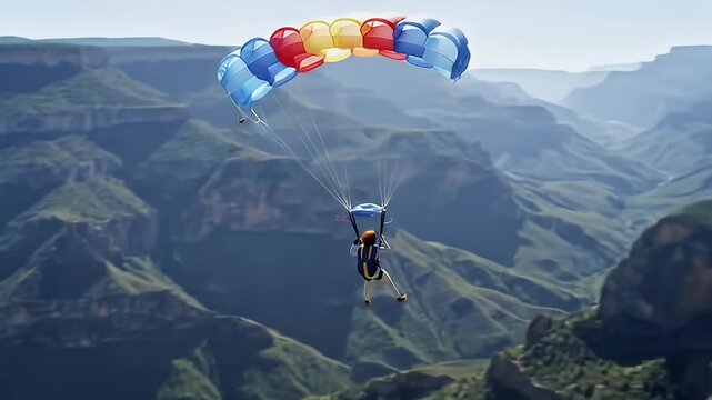 Parachutist glides over a rugged, mountainous landscape under a colorful canopy