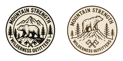 The mountain strength logo is a bear with an axe. The logo is for wilderness outfitters. The logo is black and white
