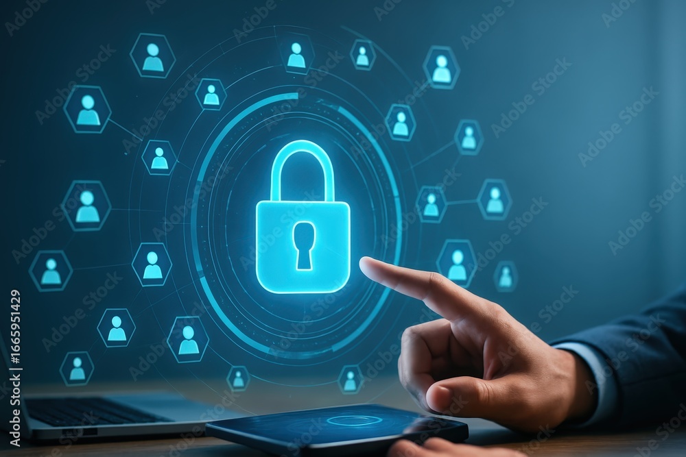 Poster a digital padlock graphic highlights a network of user profiles, emphasizing secure access and data 