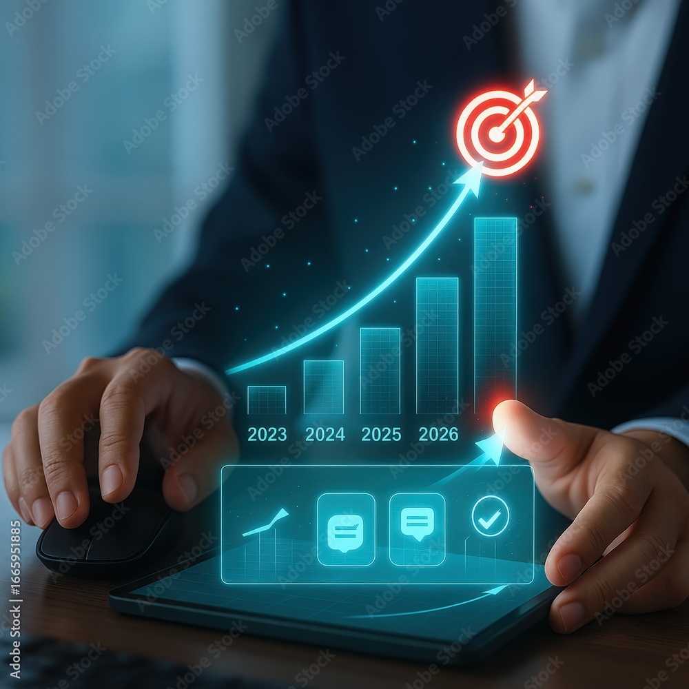 Poster projected business growth and targets for 2023-2026 displayed on a futuristic interface.