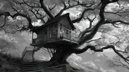 A grayscale treehouse nestled within sprawling branches, stairs leading up to its platform