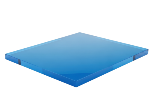 Sleek, rectangular, translucent azure blue acrylic poster, pristine, sharp edges, on a transparent background with diffuse studio light, concept of technological clarity and innovation