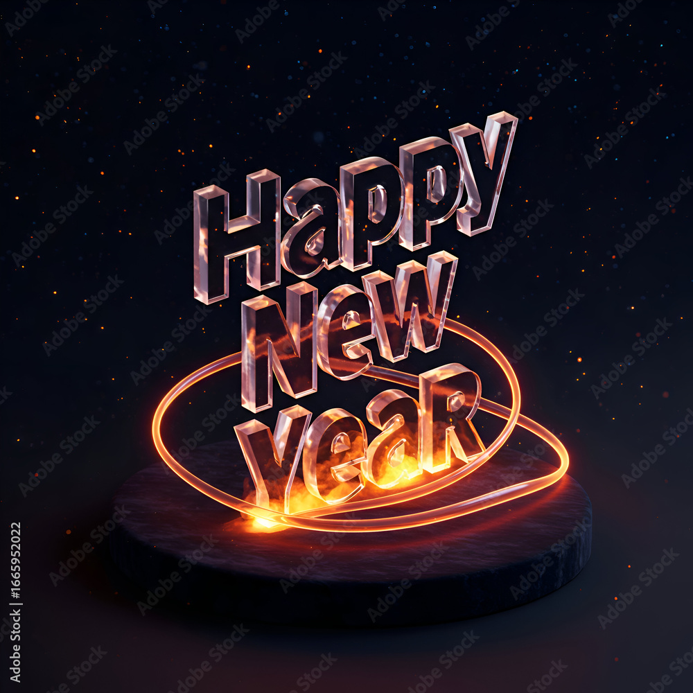 Poster happy new year graphic design with glowing text on a dark pedestal. abstract text display with fiery