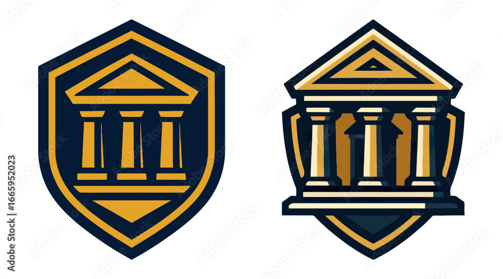Poster the two images are of a building with columns and a shield. the shield is on the left and the buildi