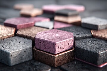 Close-up view of interlocking hexagonal metallic tiles in various shades of gray, copper, and rose gold