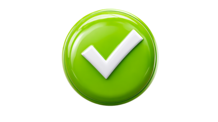Shiny Green Check Mark Button with White Tick Symbol, cut out transparent