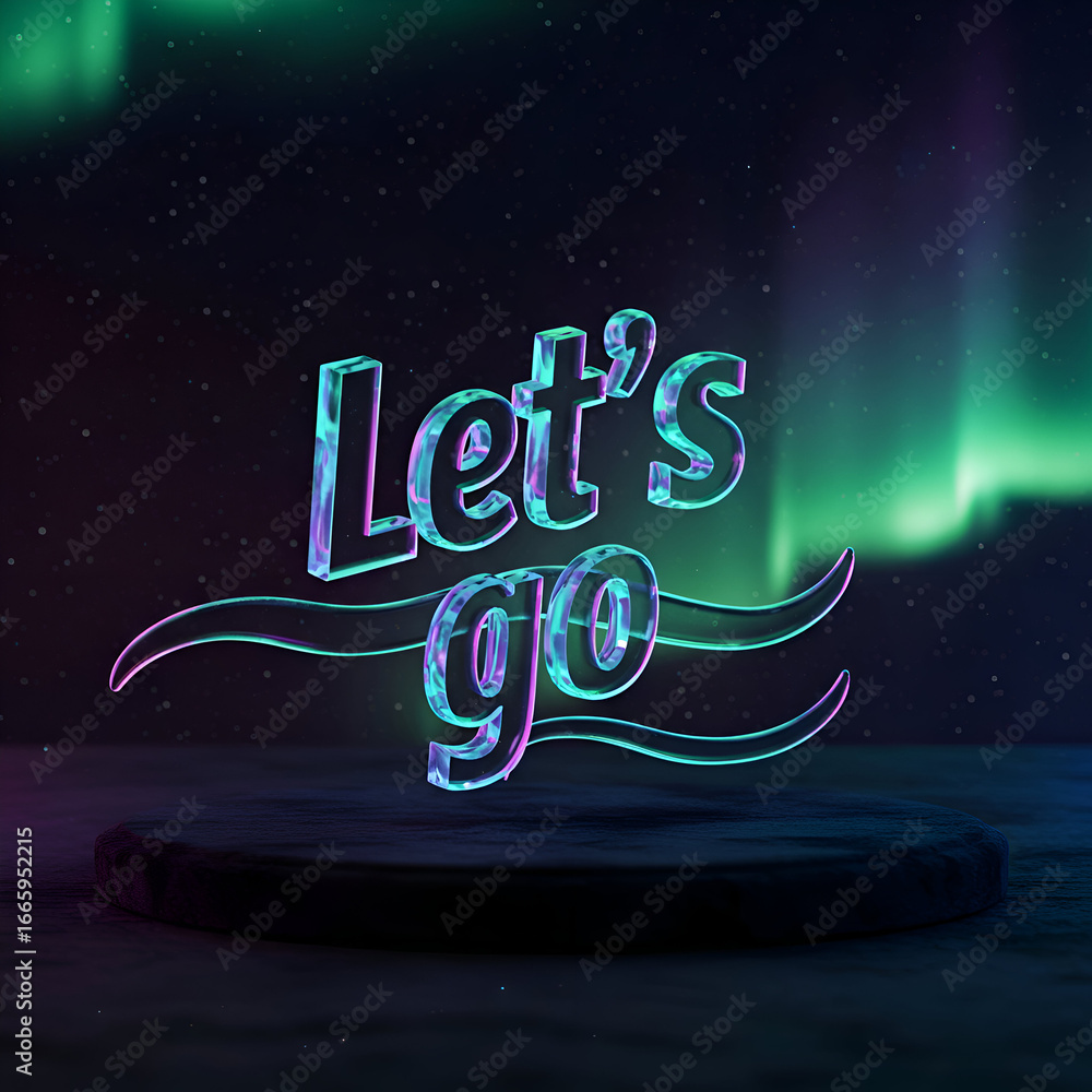 Poster neon let's go text display on a dark wood platform with aurora borealis background. abstract text de