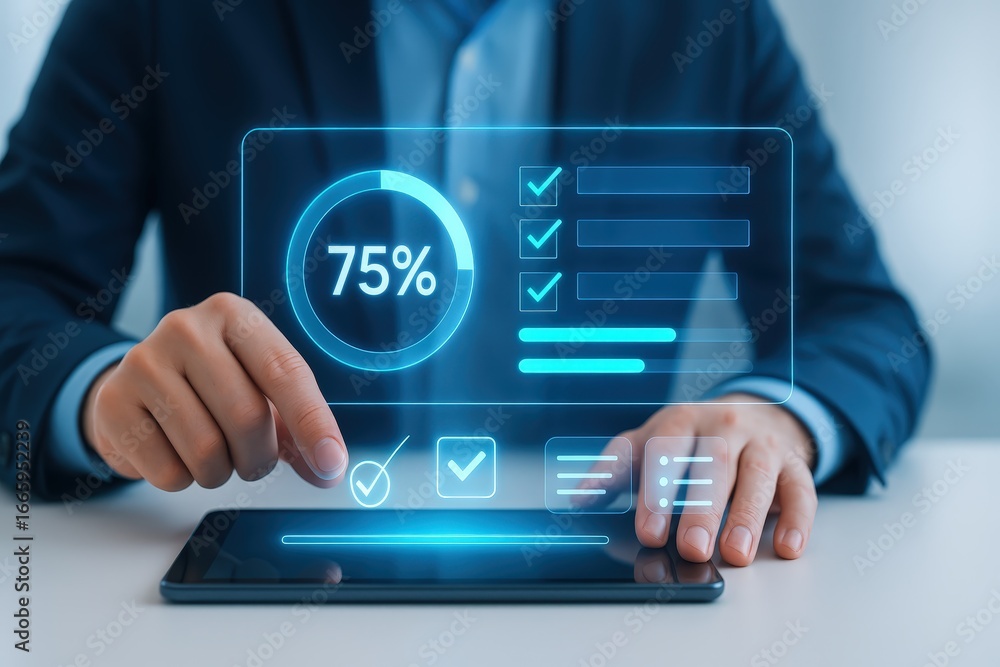 Poster a person interacts with a digital interface displaying a progress bar, checkboxes, and lists, indica