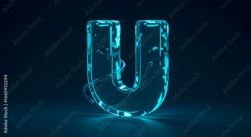 Poster glowing teal letter u with abstract design in dark studio setting. modern, stylized font display in 