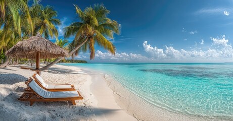 Tropical beach paradise with palm trees, sunshade, and chaise lounges