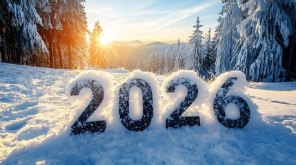 Snowy landscape features large numbers marking the year 2026 at sunset in a mountainous region with tall pine trees