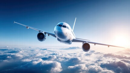 Fototapeta premium A commercial airplane soaring through a bright blue sky above a sea of fluffy white clouds.