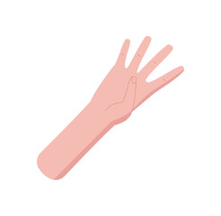 Flat style cartoon hand gesture. Human palm with extended fingers indicates number four and count. Bare hand in isolated side position, professional math concept.