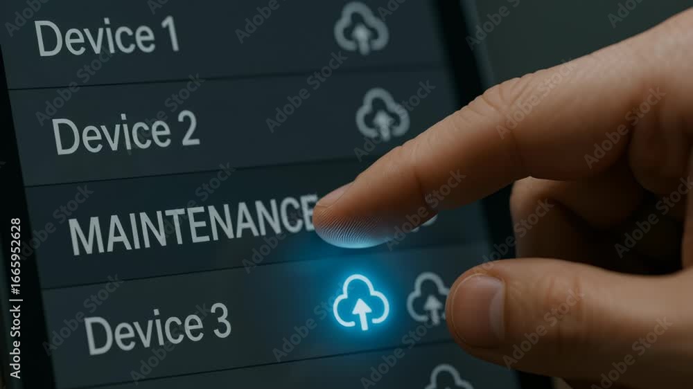 Poster smart factory predictive maintenance concept finger pointing pressing digital screen showing mainten