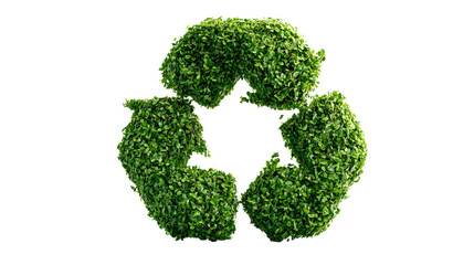 Recycle symbol formed from lush green foliage on a white background, cut out transparent