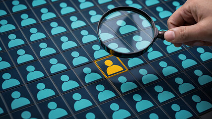 Target Market Audience and Marketing Segmentation Strategy – Businessman Touching Client Icon Representing Customer Research, Niche Identification, Personalization, and Strategic Business Growth Plan