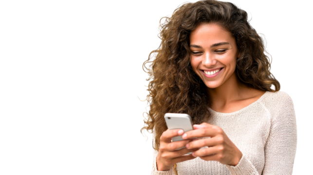 Latina woman with curly hair happily using mobile phone against white background, cut out transparent