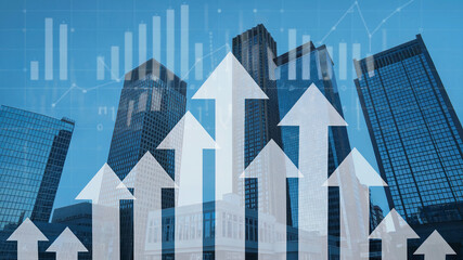 Urban cityscape with a 3D financial growth graph and arrow piercing the blue sky, illustrating the concept of a financial market crisis