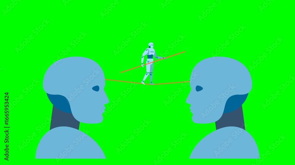 Poster two silhouettes of a robot head, between which a full-length robot tightrope walker passes with a st