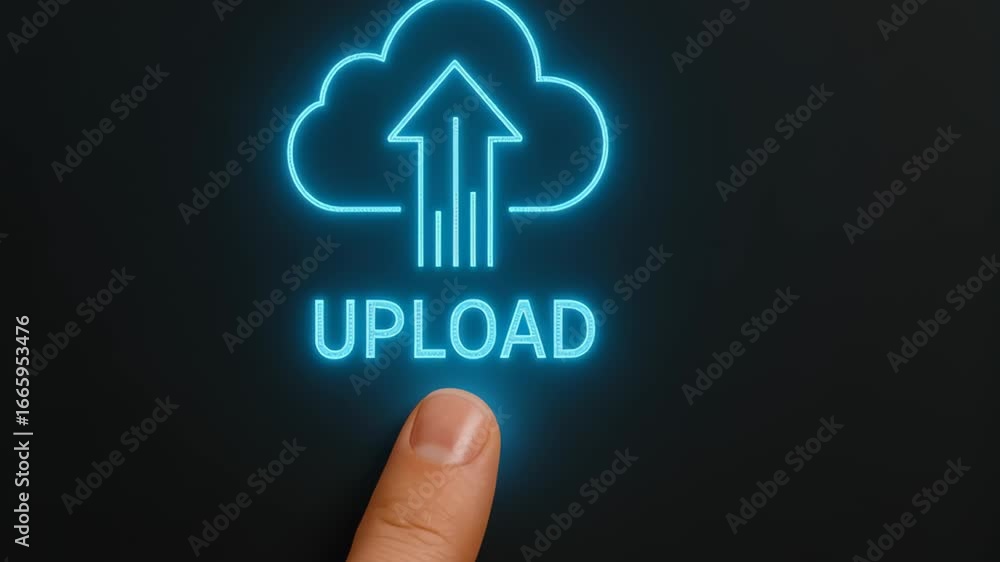 Poster smart factory predictive maintenance technology with finger pressing glowing upload cloud icon for s