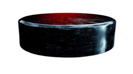 Black hockey puck with scratched surface and red light accent, cut out transparent