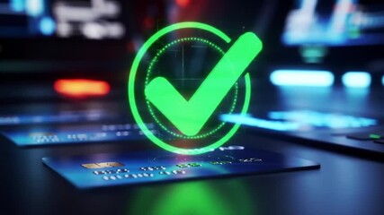 Futuristic Digital Security Concept with Neon Green Checkmark Icon on Electronic Card and Background of Blurred Banknotes and Technology Interface for Financial Authentication and Cybersecurity - Powered by Adobe