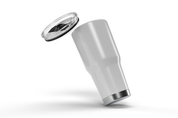 3D Stainless steel tumbler mockup with plastic lid. Blank Insulated container aluminium mug isolated on background. Template for presentation branding product, thermos glass, beverage cup, drinkware