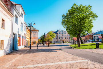 Liptovsky Mikulas main square in Liptov region around Tatras mountains , Slovakia. Church  sv. Mikulasa
