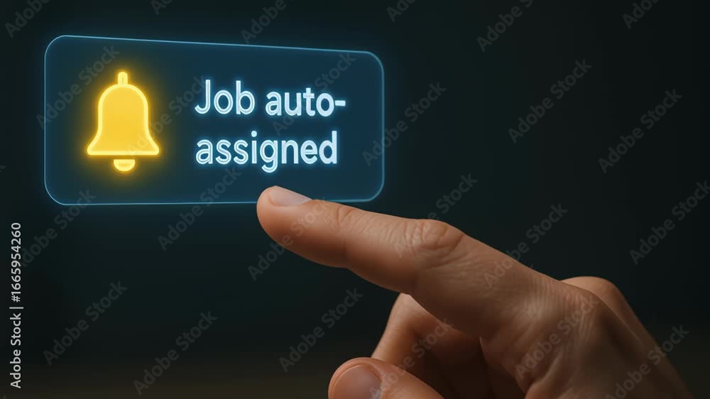 Poster smart technology predictive maintenance with finger pointing hand glowing job notification auto assi