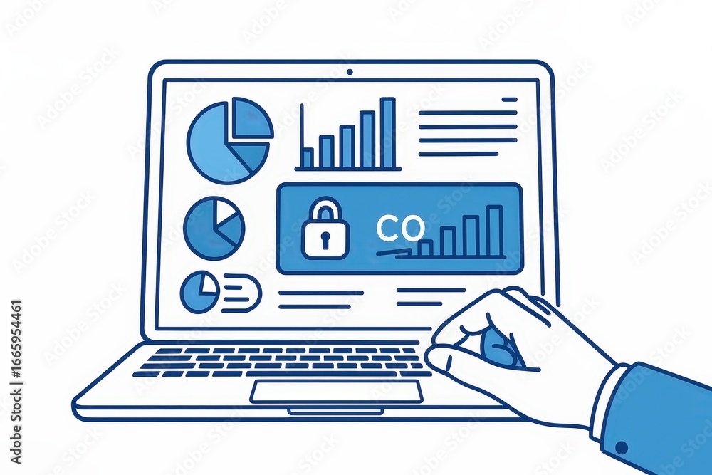 Poster a hand interacts with a laptop screen displaying data visualizations, including pie charts, bar grap