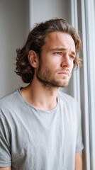 Fototapeta premium Upset man looking out the window, thinking about personal problems 