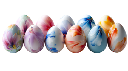 Collection of decorative Easter eggs with floral petal patterns, cut out transparent