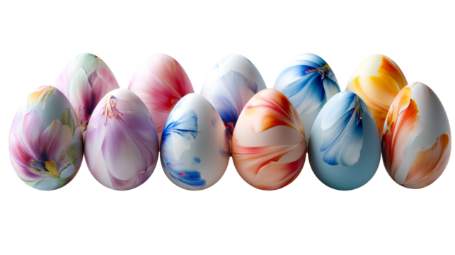 Collection of decorative Easter eggs with floral petal patterns, cut out transparent