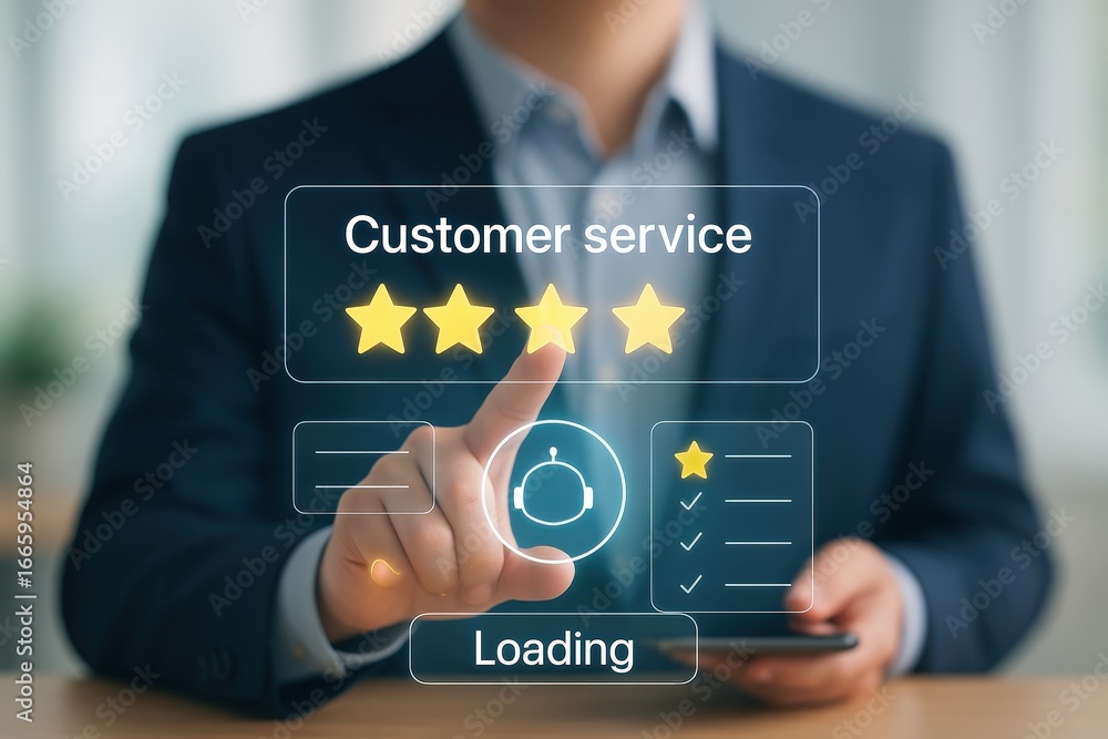 Poster a person in a suit interacts with a digital interface displaying customer service rating and feedbac