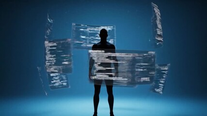 Futuristic motion video of a shadowy figure amidst floating data screens, perfect for technology and innovation concepts, hinting at AI and digital security. - Powered by Adobe